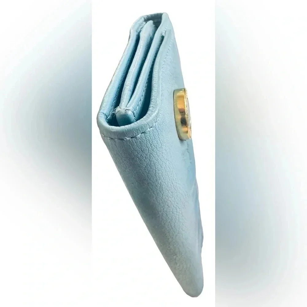 Rare Bvlgari Double Logo Blue Leather Flap Trifold Long Wallet